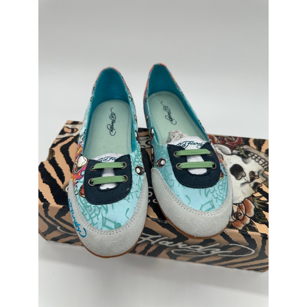 Ed Hardy Eye Candy Blue Canvas Tattoo Slip On Flat Sneakers Size 6 Y2K McBling - Picture 2 of 8